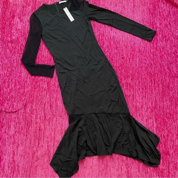 Alice + Olivia Kaine Mesh Insert Asymmetrical Hem Midi Dress Black Size 2 - Picture 16 of 16